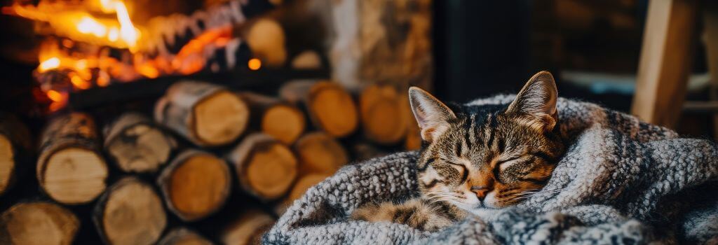 Cat napping in a blanket in front of a fireplace