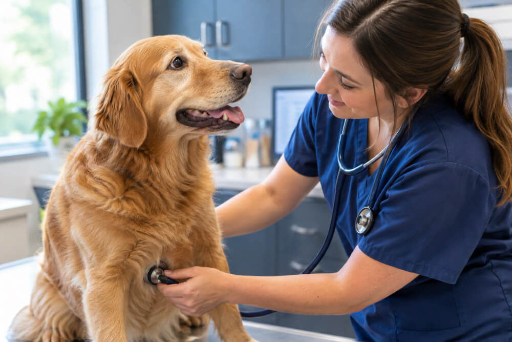 Veterinarian examining a Golden Retriever with a stethoscope, representing care for pet urinary problems in Grantham